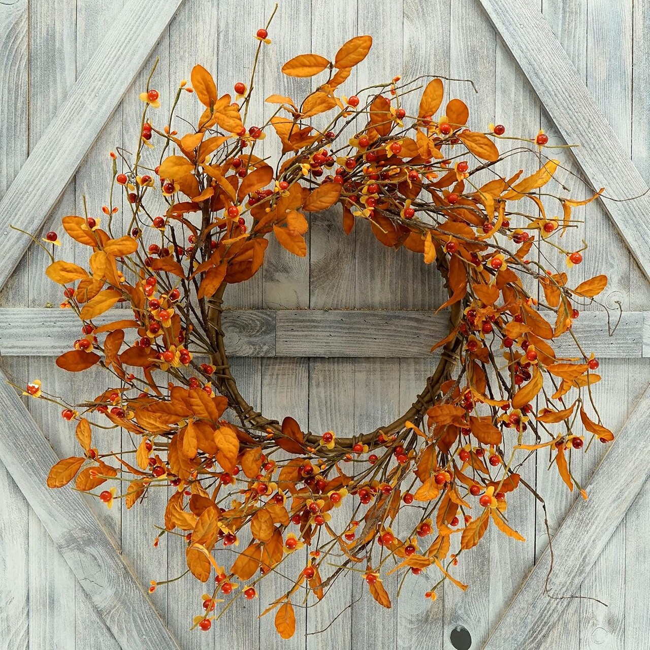 Artificial Fall Wreath for Front Door Autumn Door Wreath with Bitter Sweet Berry and Dry Vine Branches for Indoor Outdoor Farmhouse Home Wall Window Festival Wedding Decor, Gift Boxes Included.